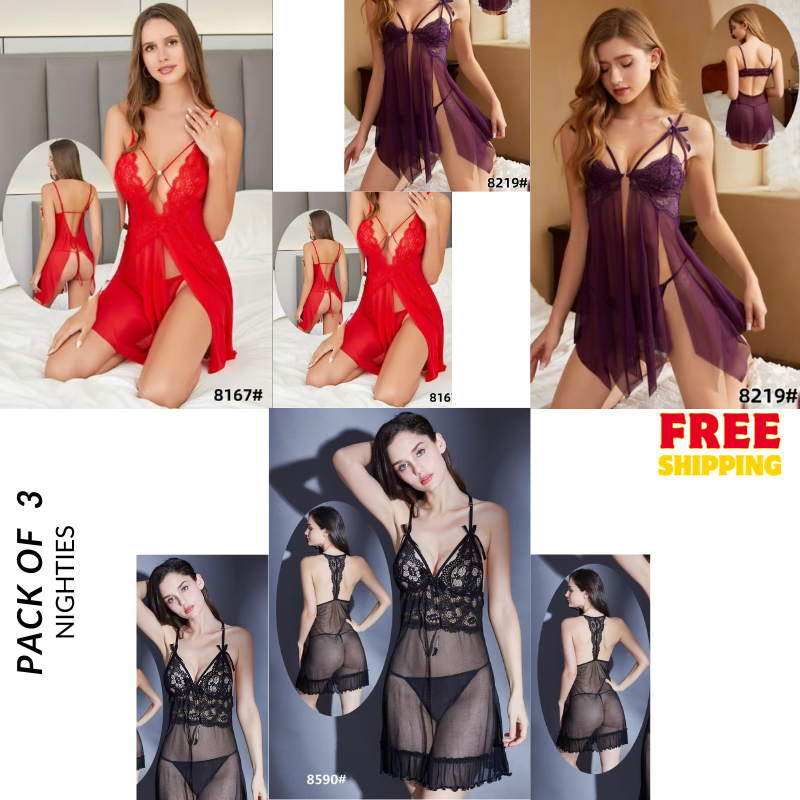 Ultimate Bridal Bundle – Pack of 3 Luxury Sheer Lace Baby Doll Nighties