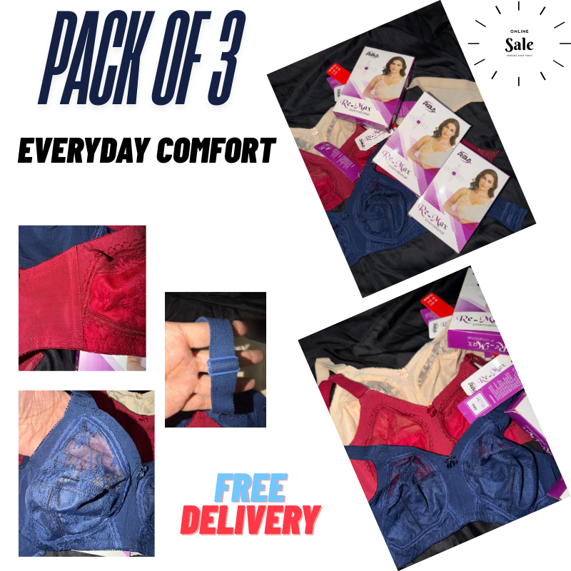 Premium Pack of 3 Comfort Bra Set - High Coverage Soft Lace & Breathable Cotton