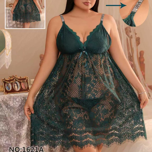 Luxury Emerald Green Lace Nighty - 2Pc Embroidered Baby Doll Set