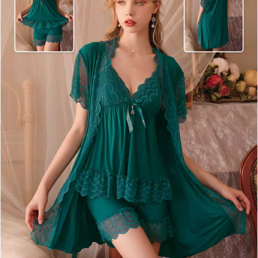 Premium Teal Green 3-Pc Nightwear Set - Lace Trim Robe, Cami & Shorts Luxury Sleepwear