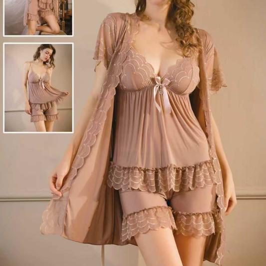 Luxury Nude Peach 3-Pc Nightwear Set - Lace Frill Robe, Cami & Ruffled Shorts Sleepwear
