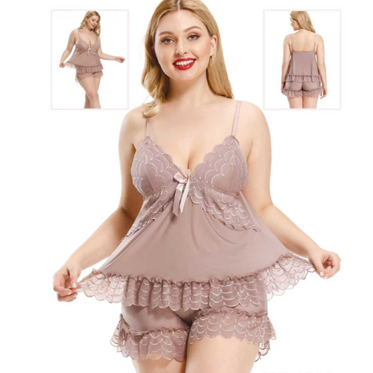 Premium Mauve 2-Pc Luxury Nightwear Set - Lace Trim Cami Top & Ruffled Shorts