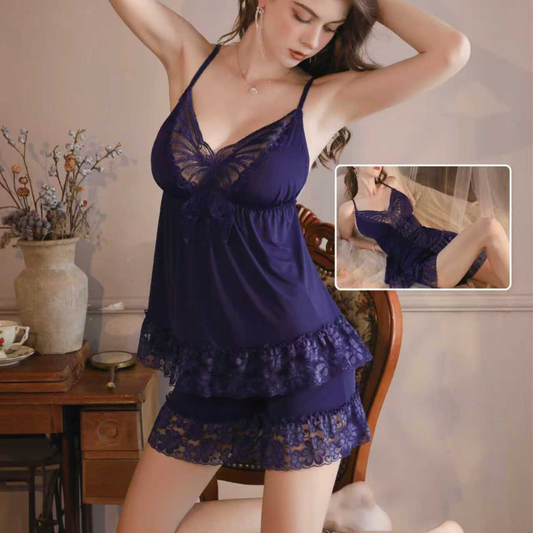 Luxury Butterfly Lace Nightwear - 2Pc Royal Purple Cami Top & Ruffled Shorts Set
