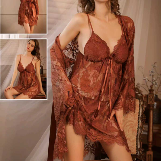 Vintage Rust Lace Nighty - 3Pc Embroidered Bridal Baby Doll Set with Matching Robe