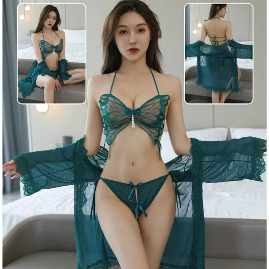 Luxury Emerald Green 3-Pc Butterfly Lingerie Set - Pearl Detailed Bra, Panty & Sheer Lace Robe